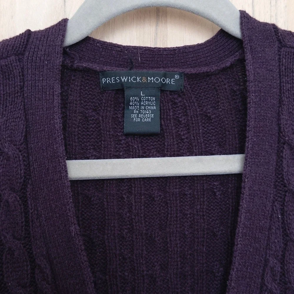VTG‎ Preswick & Moore Womens Cable Knit Cardigan Size L Purple Classic Preppy